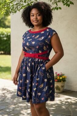 Eshaki Dress w/Pockets Jasmine Navy With Bird motif Size 16/ XL